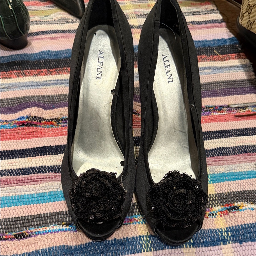 Alfani Elegant Black Heels with Sequin Floral Detail